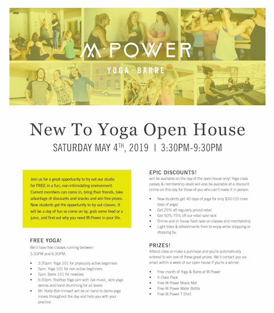 MPowerYoga1's tweet photo. Save the date - Join us on Saturday, May 4th for our "New to #Yoga Open House." We encourage everyone to join us for a day of yoga, discounts, and prizes! #mpoweryogastudio #getmpowered #liveinspired #baltimore #charmcity https://t.co/LC4tFDtdn5