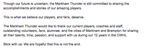 ThunderCWHL's tweet photo. Our league may be gone, but we are still here. 

A statement from the Markham Thunder: https://t.co/cG348U2Qo9