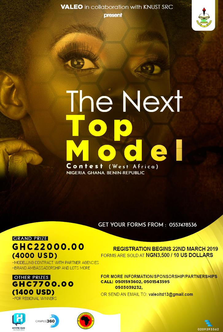Noticeboardgh's tweet photo. The 2019 Edition forms for the "The Next Top Model" is out for sales

Cash Prices 
Regional Ghs7700.00 (1400USD)
National Ghs22000.00 (4000USD)

CALL FOR REGISTRATION
0501593602/0501543595/0503039232

Deadline :6th April
NB:Limited slots available
@KNUSTKumasi 
@knust_src https://t.co/8j48htugkT