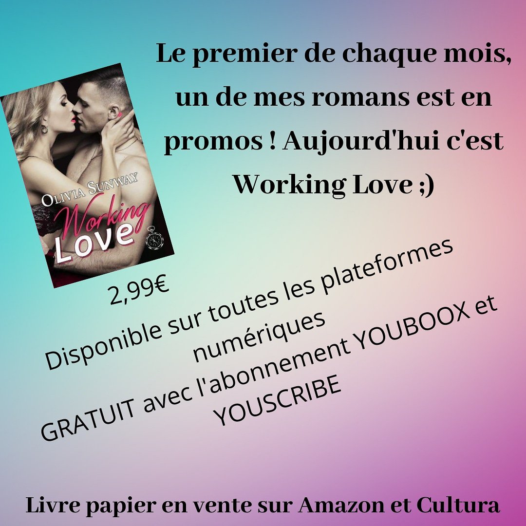 OliviaSunway's tweet photo. Top chrono ! À partir de minuit Working Love est en promo à 2,99 € sur toutes les plateformes numériques 😁
#workinglove #OliviaSunway #lecture #librairie #promo #googleplay #kindle #Amazon #bookeen #ibookstore #Cultura #espacesculturelsleclerc #youboox #youscribe #kobo #fnac https://t.co/MSZVqTG3Uq
