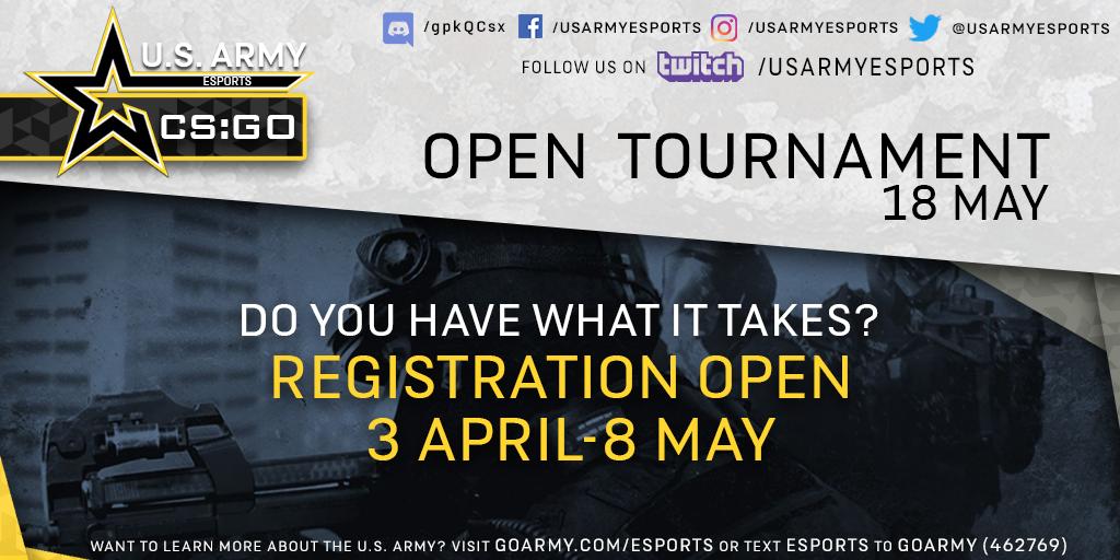 USArmyesports's tweet photo. #CSGO is announcing their first online Open Tournament. It will be held on May 18th and details for how to register will come later this week. Get your team together and get ready to compete with the #Army's best! #warriorswanted #armygaming #counterstrike https://t.co/WDxPypqjxI