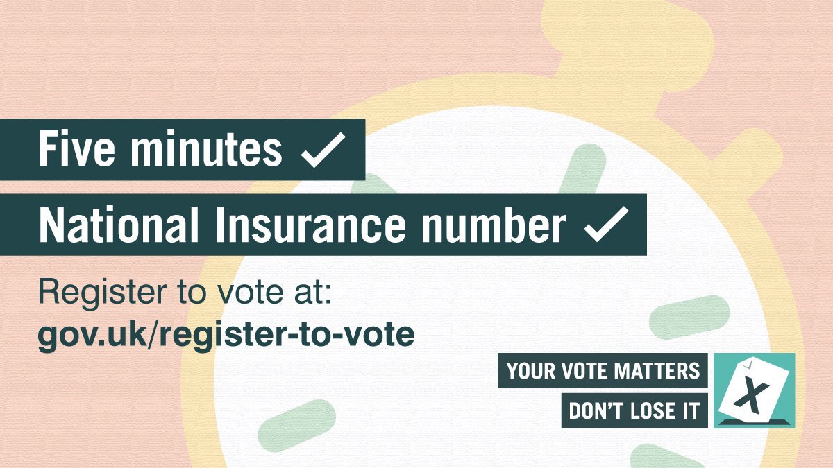 Got 5? Register to vote before 12 April to have your say in elections in the borough on 2 May. You just need your National Insurance number and this link gov.uk/register-to-vo…
