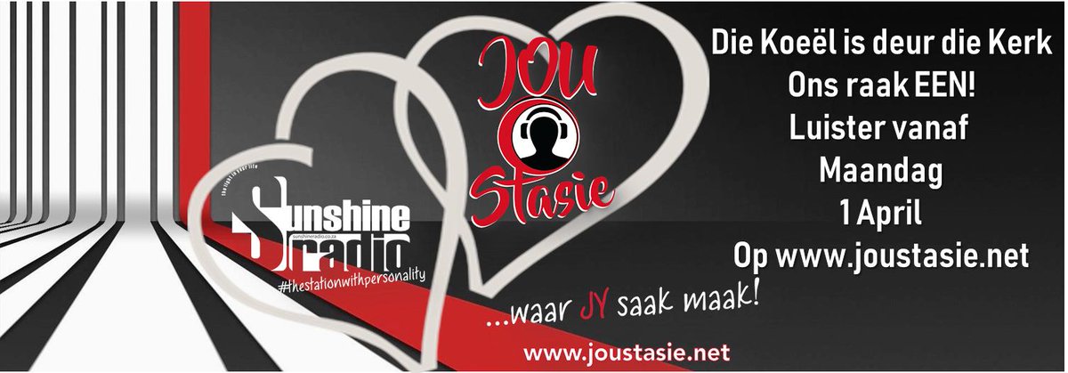 Luister van more af, 1 April na #Jou <a href="/JouStasie/">Jou Stasie</a> by joustasie.net wanneer #@SUNSHINERADIO10 en <a href="/JouStasie/">Jou Stasie</a> EEN word!