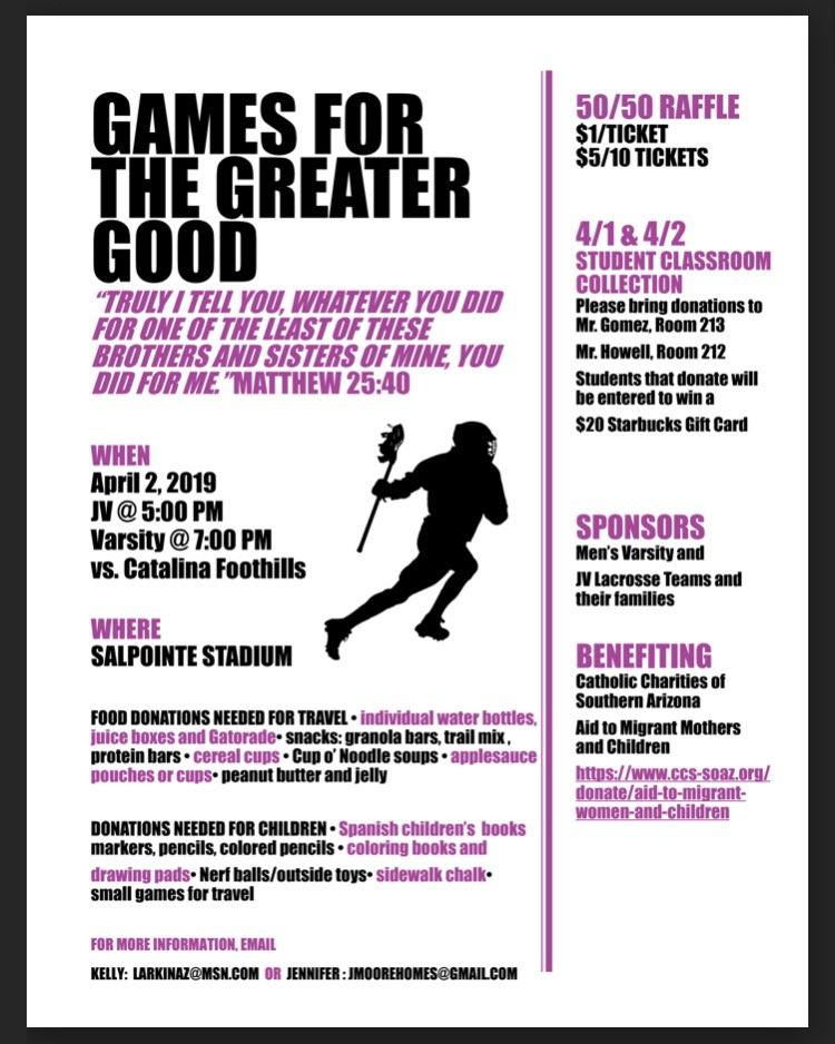 50/50 raffle and donation collection for Catholic Charities of Southern Arizona during home games April 2!