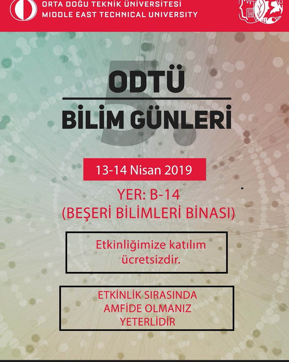 13-14 Nisan'da gerçekleşecek olan Bilim Günleri etkinliğimizin yeri Beşeri Bilimler B-14 amfisi olarak belirlenmiştir. Hepinizi bekliyoruz 🎉