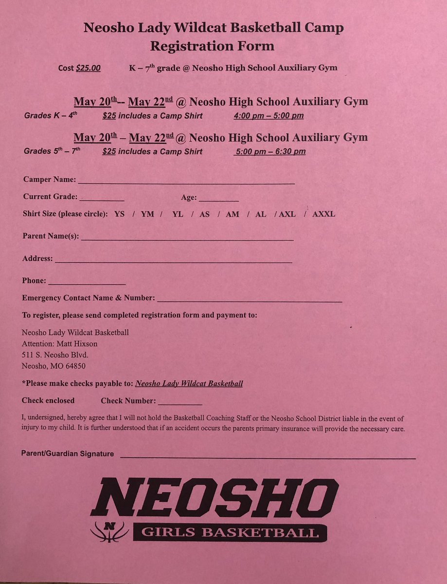 Attention all Neosho K-6 Girls: Get signed up now for our annual Girls Basketball Skills Camp and receive a free T-Shirt! Camp will be hosted May 20-22.  Come meet the High School players &amp; coaches for 3 days of 🏀 and fun! <a href="/NeoshoSD/">Neosho Wildcats</a>