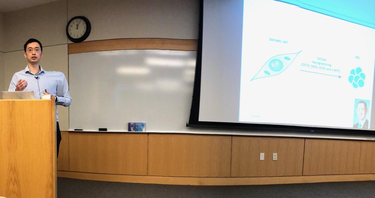 davidasinclair's tweet image. I know this isn't a thrilling photo, but I think it might be a historic one. This is the brilliant @YuanchengLu giving his first big talk on reprogramming (and its potential for aging reversal) at @harvardmed. I'm tremendously proud.