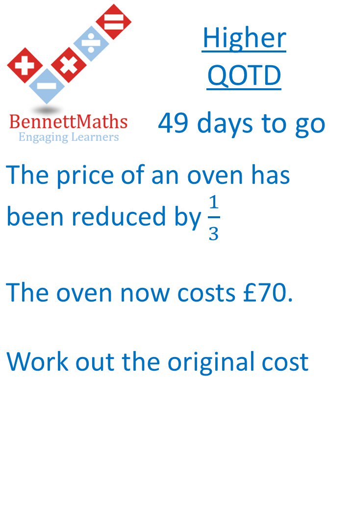 BennettMaths's tweet photo. 49 days to go until #GCSEMaths Paper 1.
Try todays Higher #QOTD 
Answer available at 6p.m #revision #mathschat #Higher https://t.co/UTw27bZJmS