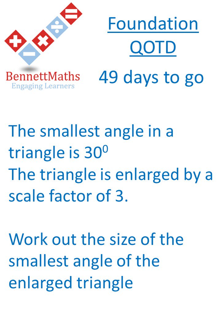 BennettMaths's tweet photo. 49 days to go until #GCSEMaths Paper 1.
Try todays Foundation #QOTD 
Answer available at 6p.m #revision #mathschat #Foundation https://t.co/v27bJqOHlW