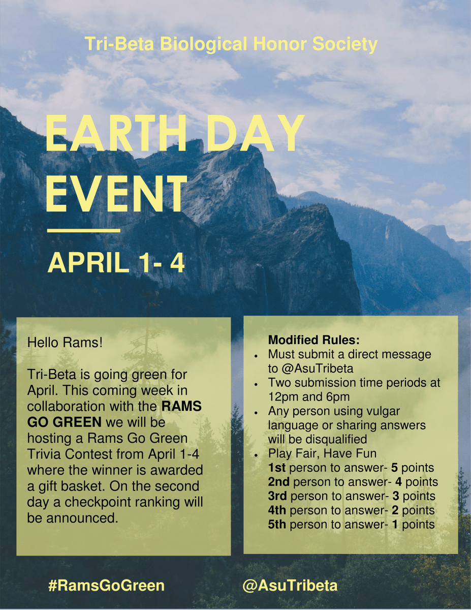 AsuTribeta's tweet photo. Hello Rams!
Tri-Beta is going green for April. This coming week in collaboration with the RAMS GO GREEN we will be hosting a Trivia Contest from April 1-4. 
#RamsGoGreen @ASU_Ram_Family https://t.co/Mm0Ilh3Kw5