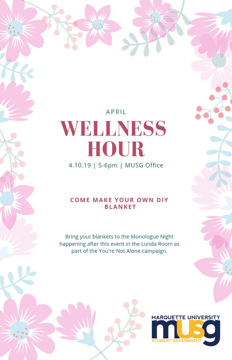 MUStudentGov's tweet image. Make your own DIY blankets at our April Wellness Hour: April 10, 2019 from 5-6 PM.  After, bring your blankets to the Monologue Night in the Lunda Room as part of the You&apos;re Not Alone campaign.