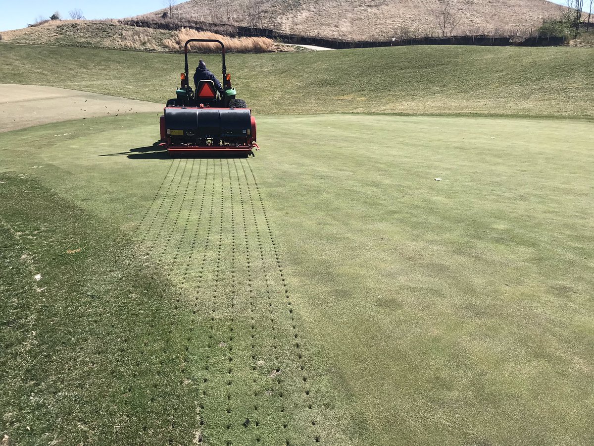dwalter174's tweet photo. Let the fun begin! Deep tine followed by core Aerification. @PotomacShoresGC https://t.co/KpUMdN8of3