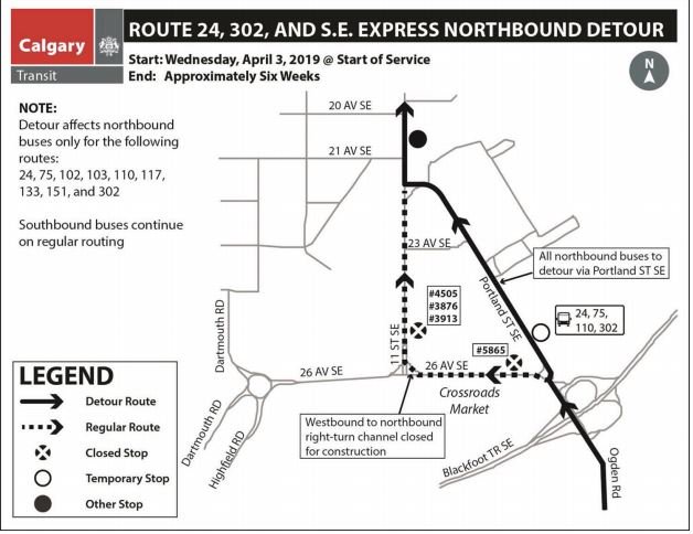calgarytransit's tweet photo. #CTRiders from April 3 until end of service May 15, NB 11 St SE/ 26 Ave SE will be closed. #Route24 #Route75 #Route102 #Route103 #Route117 #Route133 #Route151 #Route302 will be on detour. Stops #4505 #3876 #3913 #5865 will be closed. Details here: https://t.co/1ciQr3FTTF https://t.co/PsD91hKGmn