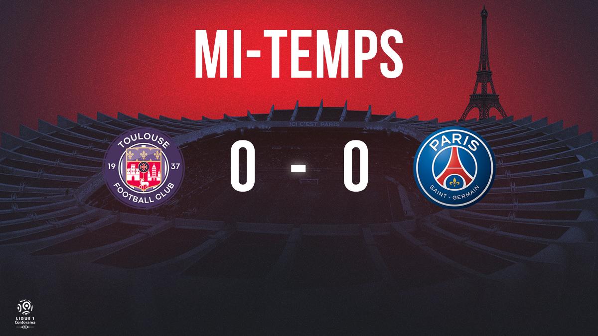 PSG_inside's tweet photo. ⌚️ C'est la mi-temps au Stadium de Toulouse. Retour au vestiaire sur un score nul et vierge, les Parisiens n'auront pas su trouver la faille dans cette première mi-temps. 😕 #TFCPSG

Rendez-vous en deuxième période 👊

🔴🔵 #AllezParis https://t.co/Dp4iqs6HFP
