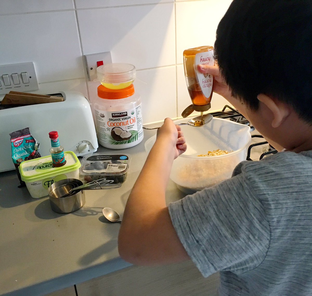 EileenWongWong's tweet photo. This was a fun &amp; yummy @CoedGlas2019 homework. Perfect activity for getting stuck in &amp; spending time with my #MiniWong on #MothersDay. He researched the base recipe, decided on the flavours, created his product name &amp; designed the packaging. 

#ProudMum
#HealthyTreats https://t.co/2vafdS9buN