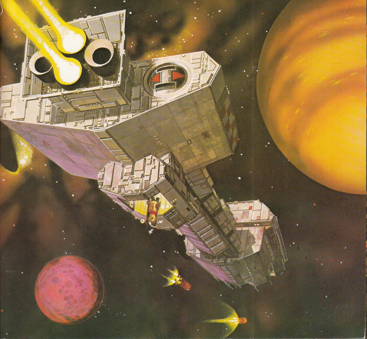 Ranaroth2's tweet photo. Another uncredited artwork from Kenneth Gatland &amp; David Jeffris, The World of the Future: Star Travel, Usborne, 1979. @70sscifiart #starship #space #spacetravel #planets #outserspace https://t.co/DbdwbmzbVD