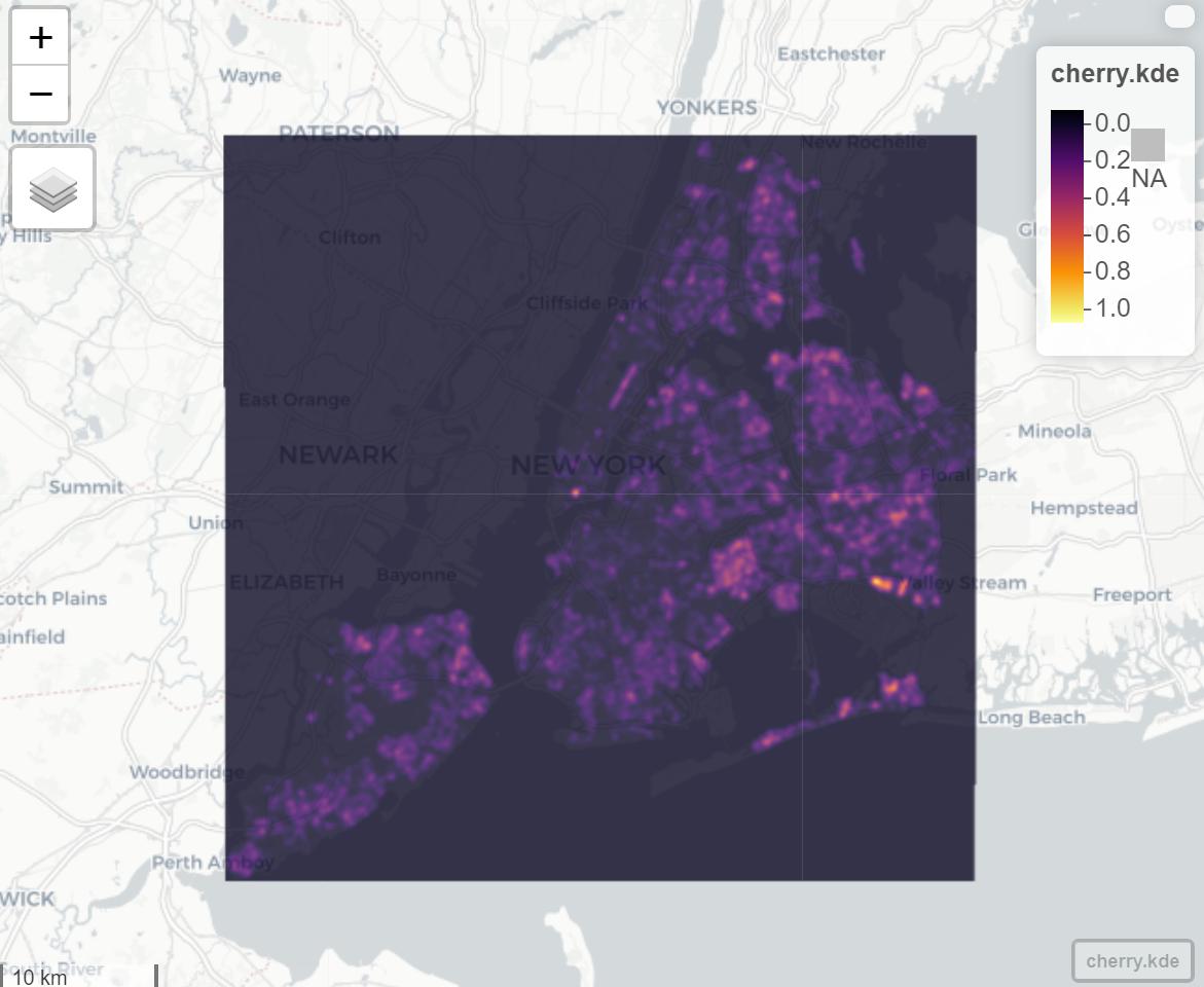 Screenshot of Heat Map of Flowering Cherry Trees (Prunus serrulata) in NYC