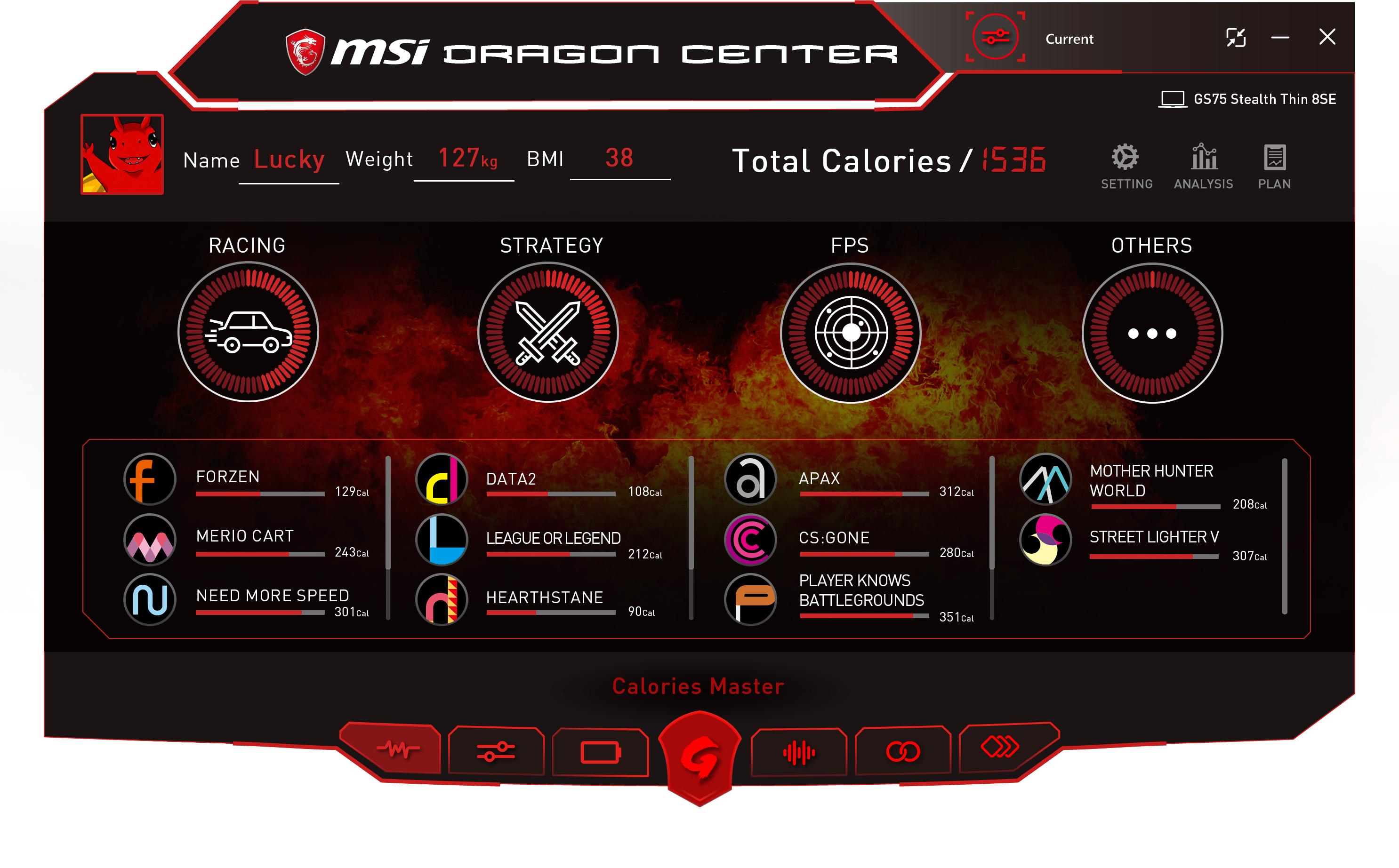 ট ইট র Msi Japan 冬の大感謝祭開催中 新機能紹介 システム管理ソフト Dragon Center に生活を一変させる新機能が追加 その名も カロリーマスター ゲーム中消費カロリーを計測し チャート解析まで可能 それを元にトレーニング計画を建てれば