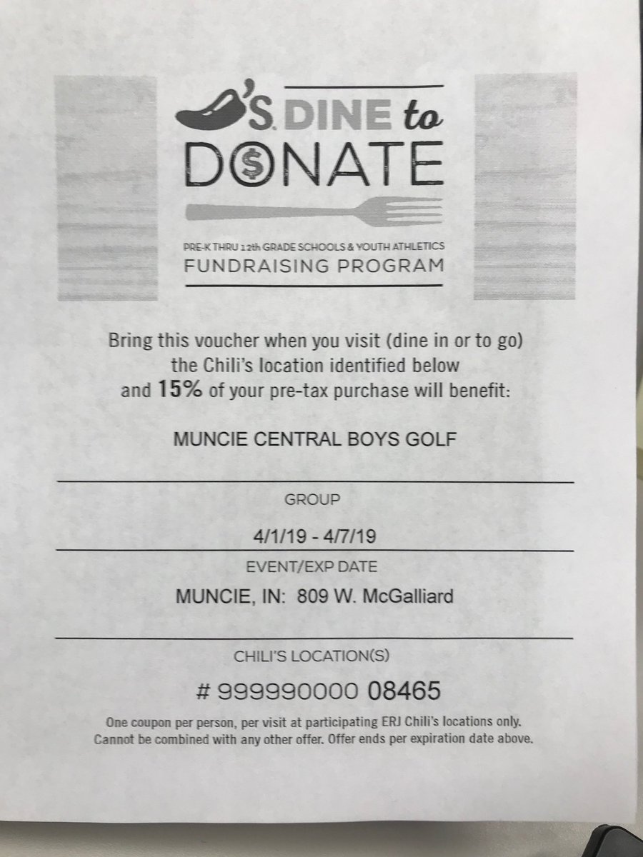 Go to Chili’s on McGalliard next week (April 1st-April 7th) and show this voucher to support the Muncie Central Golf team! Spread the word!!