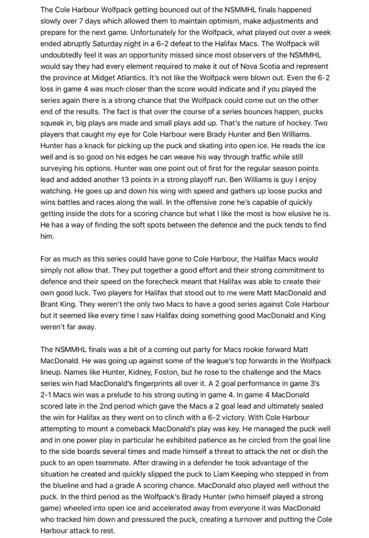 thescout902's tweet photo. @HfxMacs beat @CHWolfPack 6-2 last night to win the best of 5 @NSMMHL series 3 games to 1 and they will head to PEI to represent NS at the Major Midget Atlantics. Attached is my game and player summary. Macs-MacDonald, King, CH-Hunter, Williams https://t.co/TvVkGWYcXS