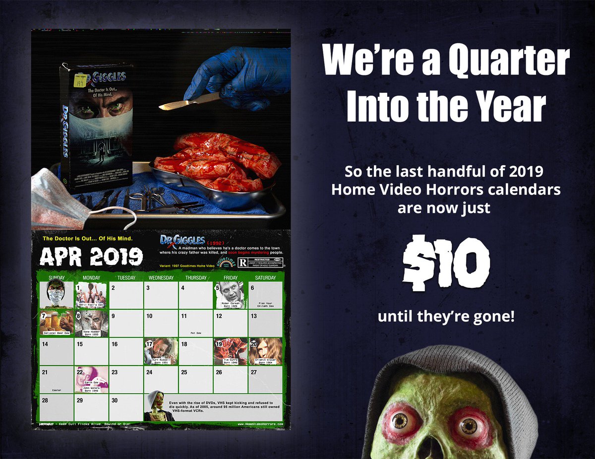 HomeVideoHorror's tweet photo. The very last handful of @LunchmeatVHS #HomeVideoHorrors 2019 Calendars are now just $10 until they’re gone!
Grab yours up here »» https://t.co/TvRrnXYXMh
#vhs #horror #tapeheads #mutantsunite https://t.co/I76ffAETuM