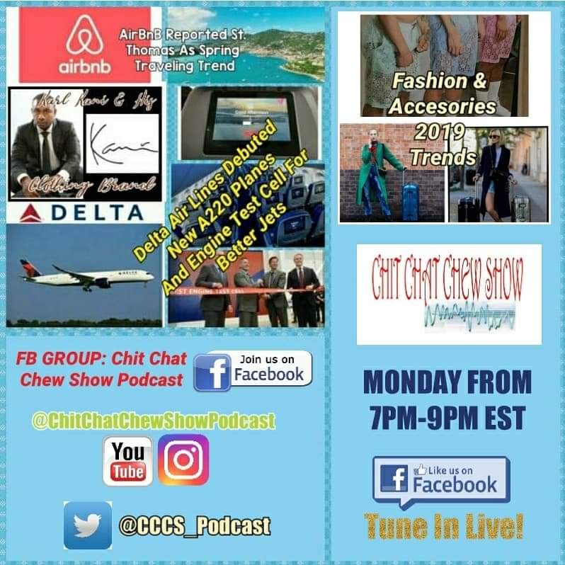 LotusProjects's tweet image. MON (APRIL 1, 2019) TUNE INTO OUR SHOW. TRENDING TOPICS LINED UP: KARL KANI &amp;amp; HIS CLOTHING A BIG COMEBACK. DELTA AIR LINES DEBUTED NEW &amp;amp; BETTER A220 JETS FOR 2019. AIR BNB REPORTED ST THOMAS AS SPRING TRAVELING TREND. FASHION &amp;amp; ACCESSORIES 2019 TRENDS.
facebook.com/ChitChatChewSh…
