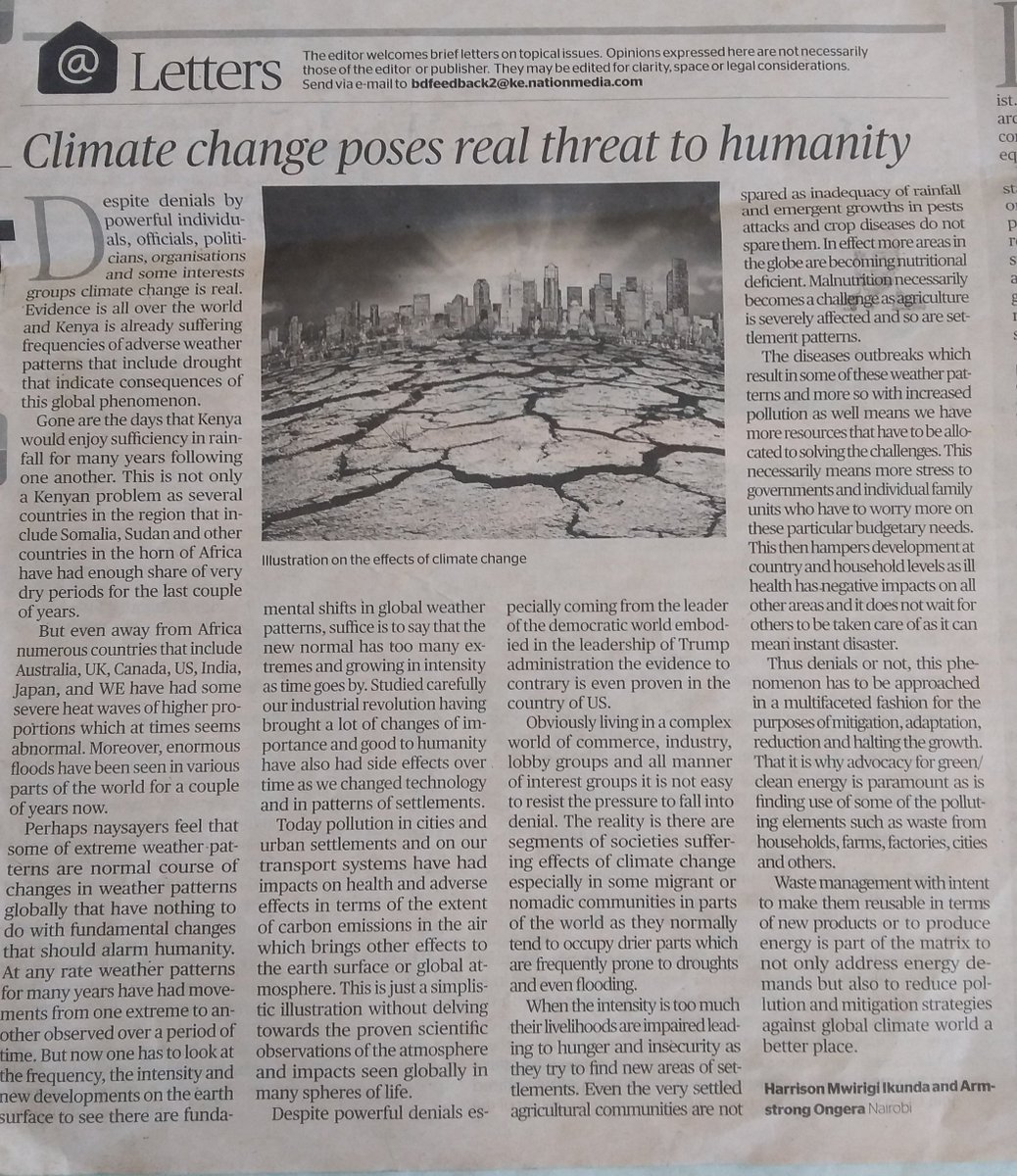 TheClimateFund's tweet photo. @ClimateChange47 Mitigation Summit Nairobi:
Our Op-Ed as published by leading newspapers in Kenya. It's our collective believe that #ClimateChange47 is a threat to humanity
Summit on May 3-4 '19 will be brainstorming!
To register or volunteer, contact @ArmstrongOngera
#1o5C https://t.co/EqNC2cTH8J
