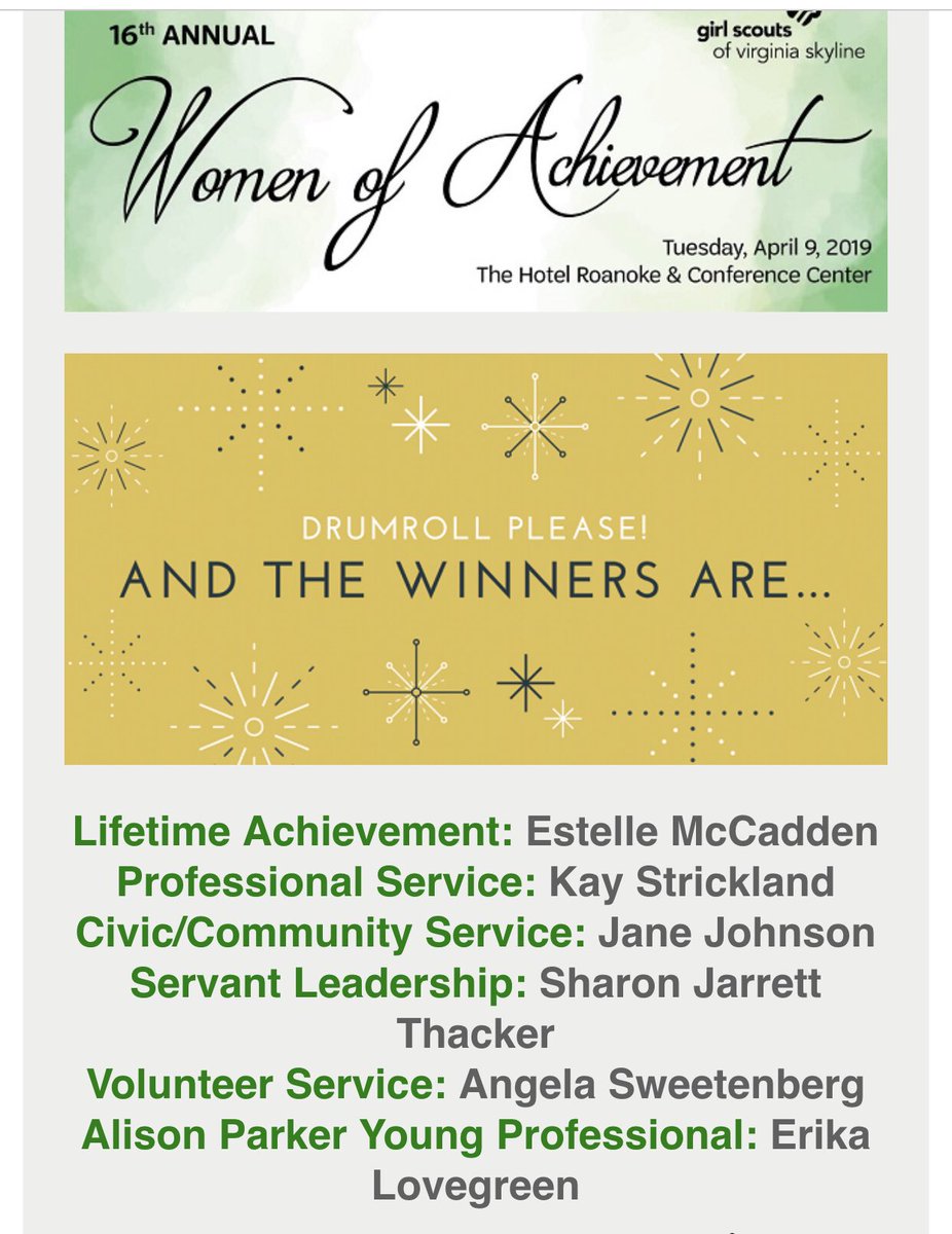 erikalovegreen's tweet photo. Honored to be recognized among these greats by the community I love for volunteer service and professional achievement. #womenofachievement #roanoke #virginia #JASWVA #jlrv #familyservicesofroanokevalley https://t.co/buiMOJ5b8w