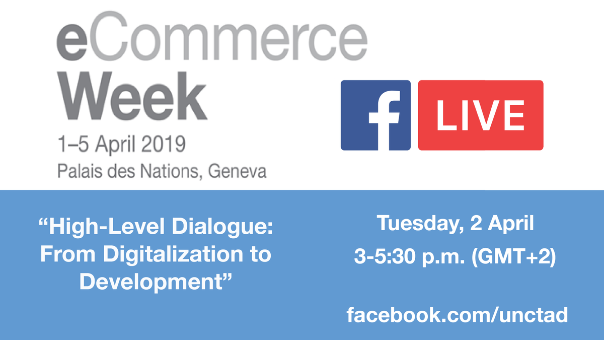 UNCTAD's tweet photo. We'll be live on #Facebook today for #UNCTADeWeek's main event. 

Speakers include:
- @UNCTADKituyi
- @ImogenFoulkes
- @HEDrAbouZeid 
- @WorldBank's Boutheina Guermazi
- @BFAGlobal's David Porteous
- @africatechie Rebecca Enonchong
- @MalJayaram

More info https://t.co/BbIvgBcJ5L https://t.co/rPGVhc41ng