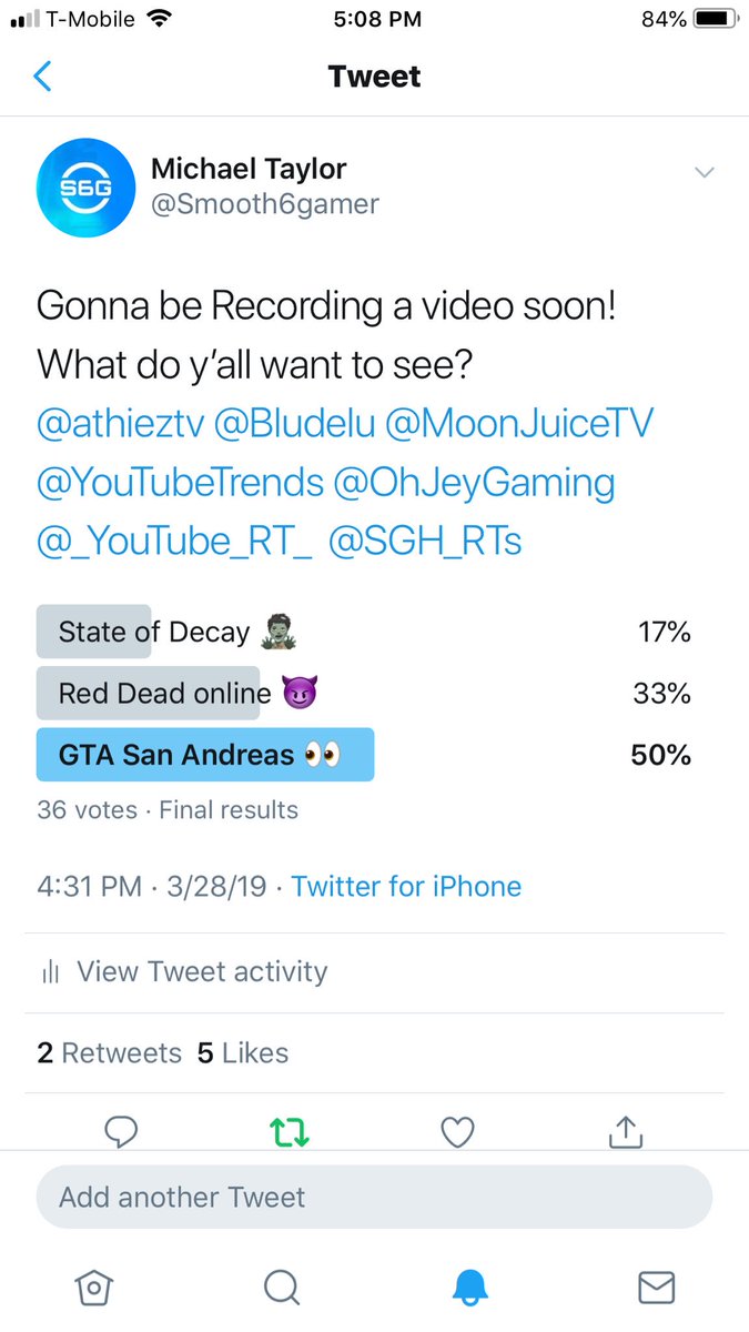The People Have Spoken! Winner is GTA San Andres! Be on the look out for the video on Wednesday! 😈 also I will be streaming tonight! Tune in to see what I’m playing! 🤪. 
<a href="/athieztv/">Athiez</a> @Bludelu <a href="/MoonJuiceTV/">moon</a> <a href="/_YoutubeRetweet/">youtube retweets</a> <a href="/YouTubeTrends/">YouTube Trending</a> @OhJeyGaming @SupStreamers <a href="/SGH_RTs/">SocialGamingHub Retweets</a>