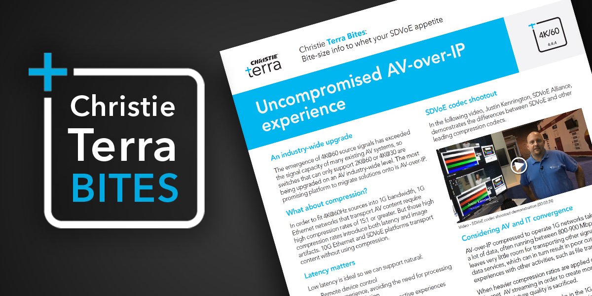 ChristieDigital's tweet photo. Only @SDVoE technology can deliver true AV/IT convergence, with the zero-latency and flawless image quality #proAV applications require. Don’t' miss Christie Terra at #InfoCommBrasil or download our Terra Bites article to learn how: https://t.co/e6RUZtoQaC #SDVoE https://t.co/RDJ95gKRFZ