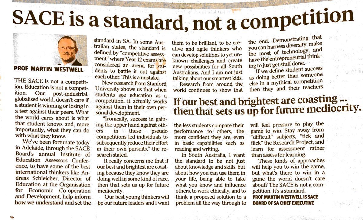 Education is not a competition. Here's the research I quoted in today's <a href="/theTiser/">The Advertiser</a>  psycnet.apa.org/doiLanding?doi… Acknowledgement also of <a href="/drtonywagner/">Tony Wagner</a> "The world doesn't care what our students know, what the world cares about is what our students can do with what they know." <a href="/saceboard/">SACE Board of SA</a>