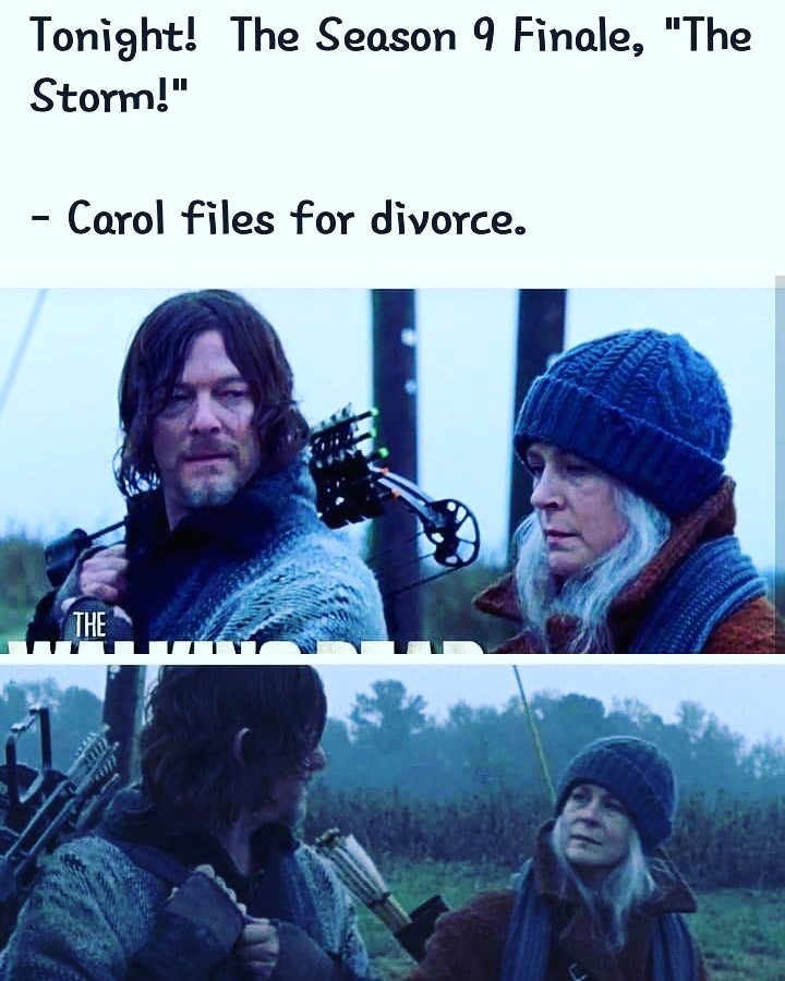 WalkingDeadBrat's tweet photo. @WalkingDeadBrat @WalkingDead_AMC @wwwbigbaldhead @mcbridemelissa Carol File For Divorce. #thewalkingdead #Caryl #SeasonFinale https://t.co/8G3OGvMMnj