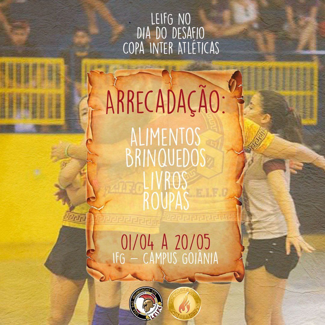 leifg_'s tweet photo. A LEIFG está presente no Dia do Desafio Copa Inter Atléticas. ❤💛
O desafio consiste em arrecadar alimentos, brinquedos, livros e roupas, para instituições sociais da nossa cidade sede, Goiânia. 🍚👖📚⚽
Alguma dúvida? Fale com @ajessikarodrigues 62 982893045.
#LEIFG #IFG https://t.co/qhhhxiO6sD