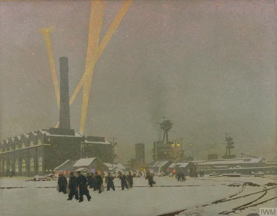 Northern art: 'A Corner of the Dockyard, Rosyth: Winter' 1918...Painting by #CharlesPears (British,1873-1958) b.#Pontefract #Yorkshire.

Best known as a marine painter and illustrator. 

Official #WarArtist and a prolific poster artist for #LondonUnderground 1913-1936.

#Rosyth