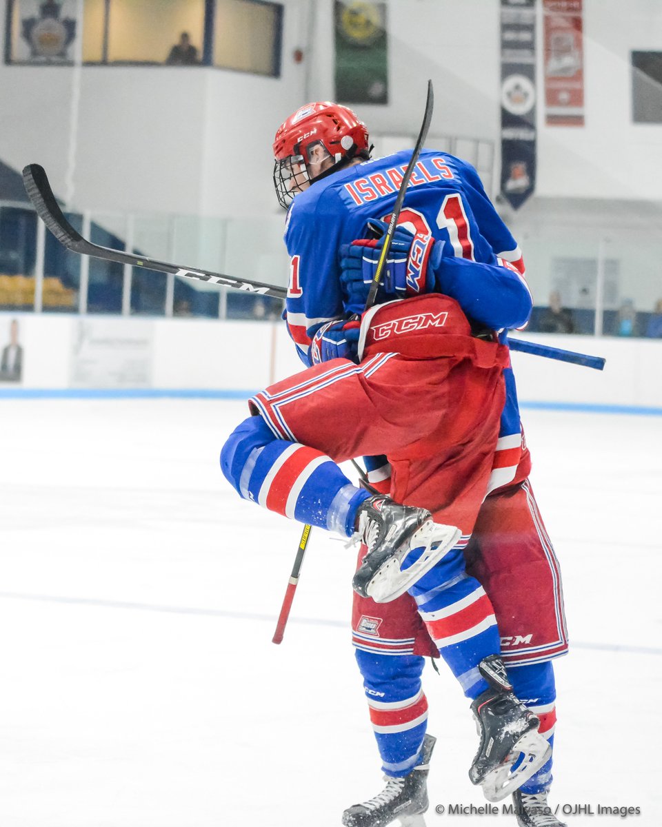 doublem33's tweet image. MARKHAM, ON - MARCH 31:  Harrison Israels #21 of the Oakville Blades celebrates his goal in the 3rd period.  The Oakville Blades would go on to to defeat the Markham Royals in Game 2 of the Conference Final 5-2 to tie the series 1-1.  (Photo by Michelle Malvaso / OJHL Images)