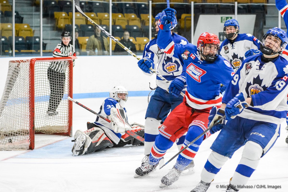 doublem33's tweet image. MARKHAM, ON - MARCH 31:  Harrison Israels #21 of the Oakville Blades celebrates his goal in the 3rd period.  The Oakville Blades would go on to to defeat the Markham Royals in Game 2 of the Conference Final 5-2 to tie the series 1-1.  (Photo by Michelle Malvaso / OJHL Images)