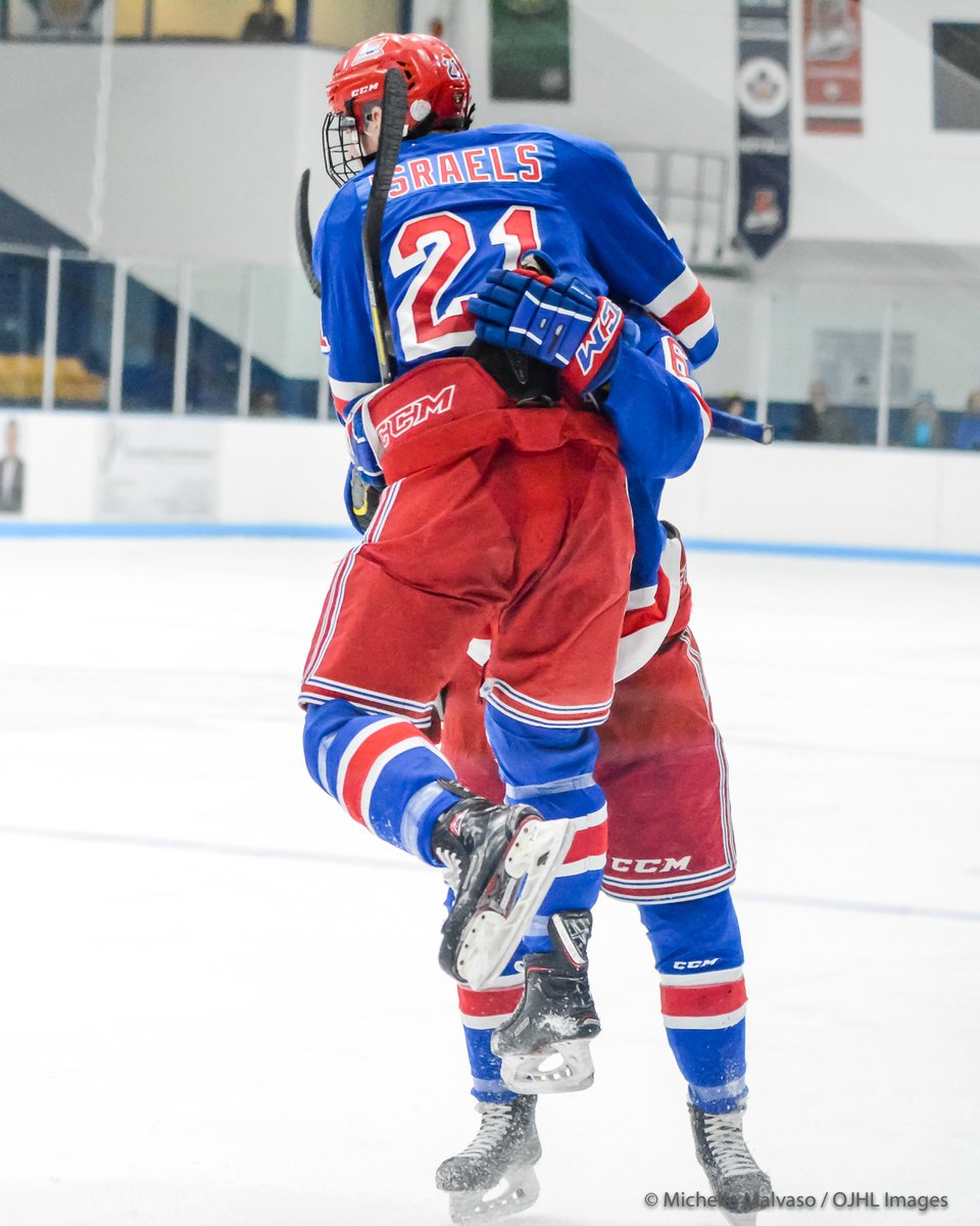 doublem33's tweet image. MARKHAM, ON - MARCH 31:  Harrison Israels #21 of the Oakville Blades celebrates his goal in the 3rd period.  The Oakville Blades would go on to to defeat the Markham Royals in Game 2 of the Conference Final 5-2 to tie the series 1-1.  (Photo by Michelle Malvaso / OJHL Images)