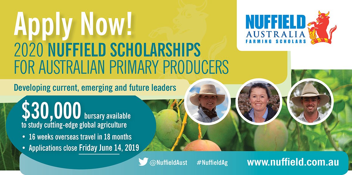 APPLICATIONS ARE OPEN!
Calling Australian #farmers with a desire to drive their knowledge &amp; businesses forward to apply for a 2020 Scholarship
- $30,000 bursary
- Overseas individual and group travel
- New global agribusiness networks
#NuffieldAg #agchatoz
nuffield.com.au/scholarships/