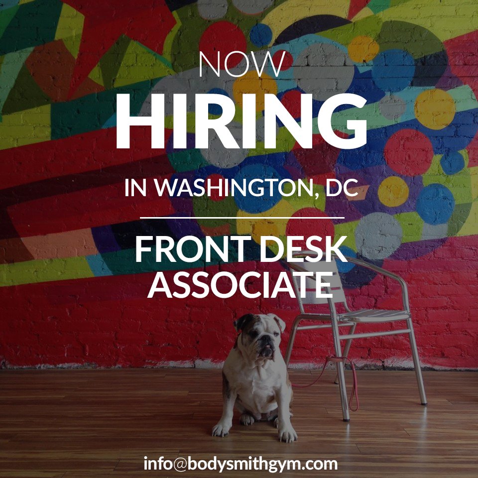 BodySmithGym's tweet photo. WE ARE HIRING an enthusiastic Part Time Front Desk Associate.  Availability M-F, 5pm to at least 9pm &amp; Saturday 9am-1pm. Email  resume to: info@bodysmithgym.com #hiring #jobsearch #jobpost #hiringnow #dcjobs #hiringdc #joinourteam #acreativedc https://t.co/U5oLXzNF7J
