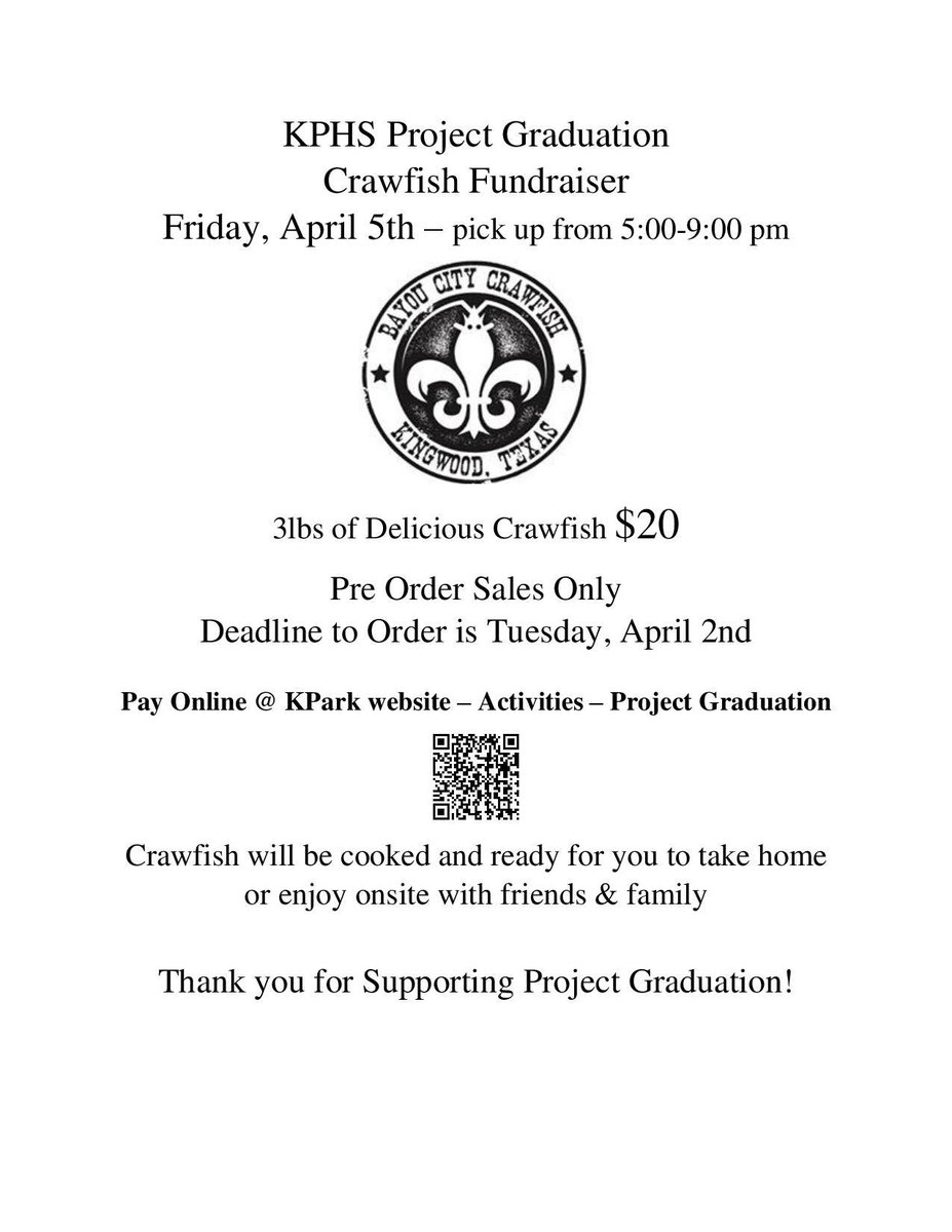KParkProjGrad's tweet photo. 🦐Project Grad Crawfish Fundraiser 🦐Pre Order your Crawfish by 4/2 and pick up 4/5 🎓Thanks for supporting KPHS Project Graduation 🎓 @kphs2019 @KparkStuco @KPHSBand @kphsasbc @KParkSilvies @kphs_2020 @theatrekphs https://t.co/MHa9kijop1