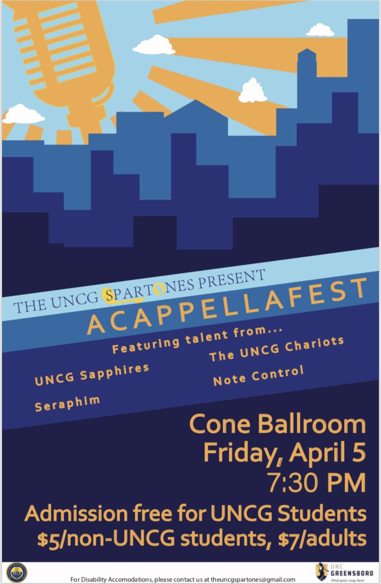 Spartones's tweet photo. #UNCGAcappellaFest is THIS FRIDAY in Cone Ballroom. We can’t wait to see y’all at this INCREDIBLE event featuring all 5 UNCG Acapella groups! @UNCGChariots @uncgseraphim @UNCGSapphires #UNCGAcappellaFest2019 https://t.co/XCczPn7vuO