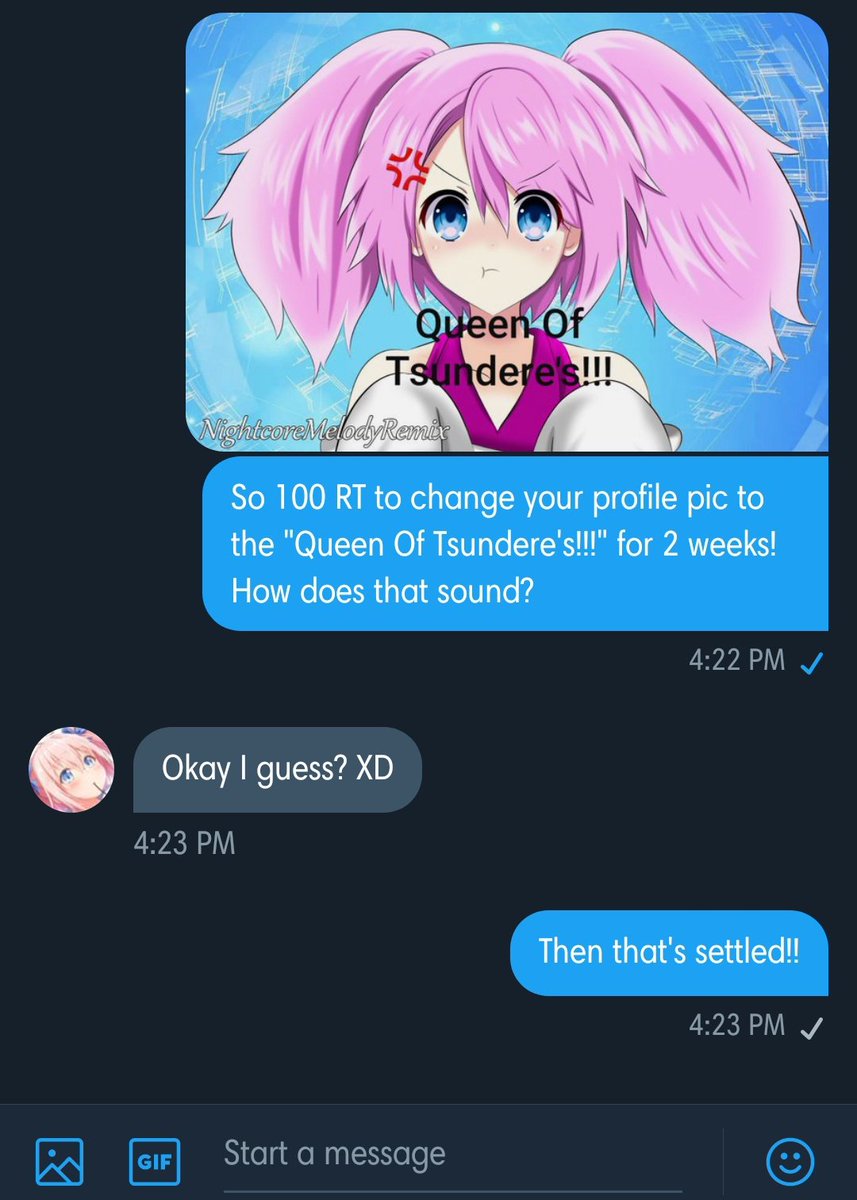 JamesThe_Kitty's tweet photo. We've gotten a new challenge to raise 100 RTs to change @NightcoreMelody profile picture to her true self as "Queen Of Tsundere's!!!" It's been a while since we did a challenge like this, so let's do it again with a very cute picture of Mel's in her natural state of Tsun~!! >:3 https://t.co/Ld6GegIheB