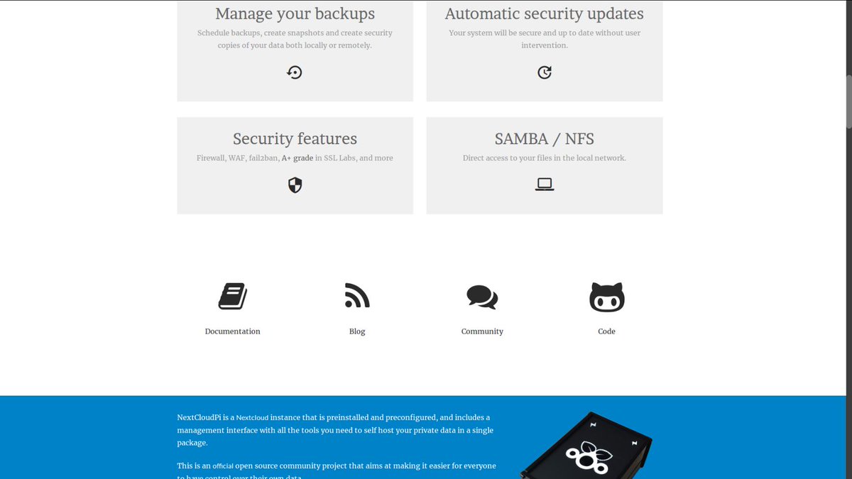 NextCloudPi's tweet photo. Find out a lot of great information on the #nextcloudpi homepage!

https://t.co/dhNOdoNHAs

#nextcloud
#nextclouders
#raspberrypi https://t.co/Q6hVCr7rOd