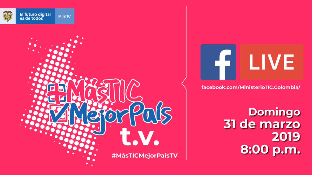 GobDigitalCO's tweet photo. ¿Te interesa aprender acerca de Inteligencia Artificial y Transformación Digital Empresarial? Conéctate con el #FBLive de #MásTICMejorPaísTV el domingo 31 de marzo a las 8:00 p.m. por el FanPage del @Ministerio_TIC 👉 https://t.co/fFNwmxcFzv https://t.co/DGxVUXuuHt