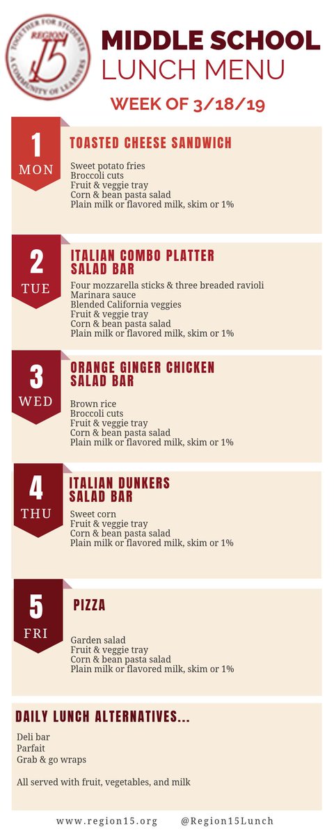 Here are the menus for this week's school lunch (no foolin" 😜)  <a href="/Region15Schools/">Region 15 Schools</a> <a href="/RochambeauRams/">Michael J. Bernardi</a> <a href="/Memorial_Middle/">Jennifer Murphy</a>