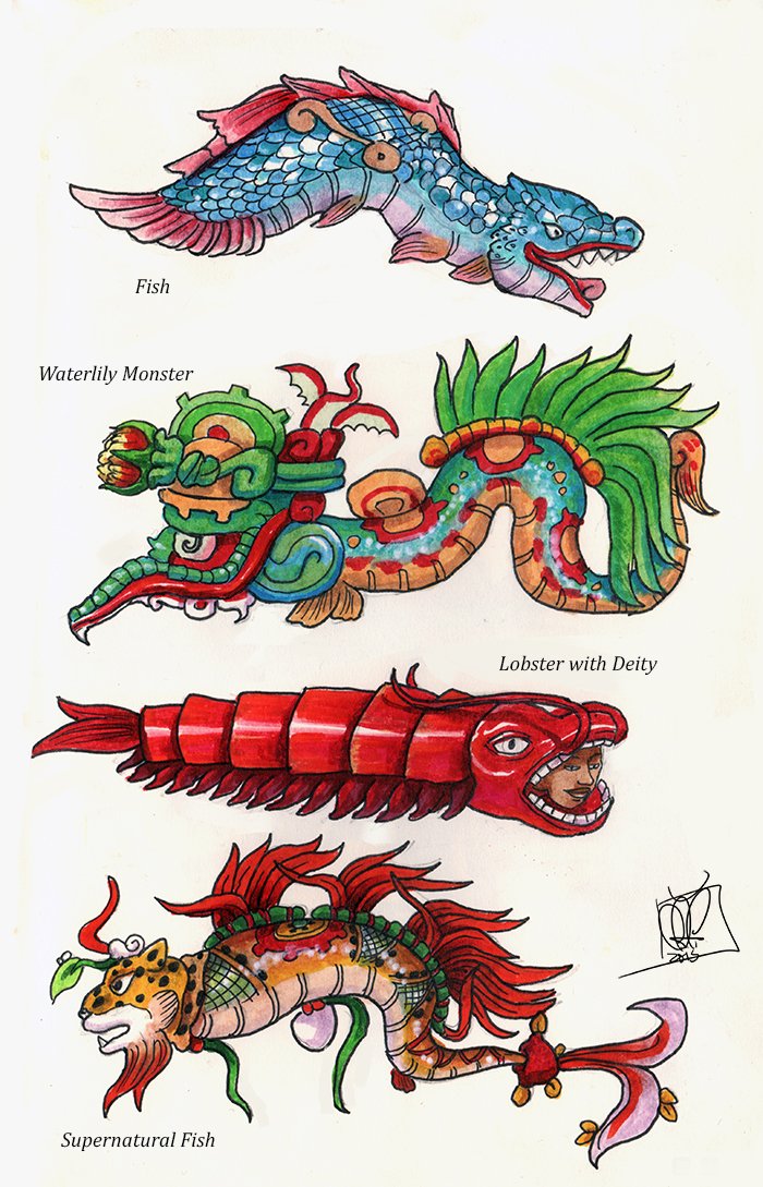 Maya creatures based based on Classic and Postclassic art. Most are sea  creatures. #fish #monsters #seacreatures #mythology #mesoamerica #maya