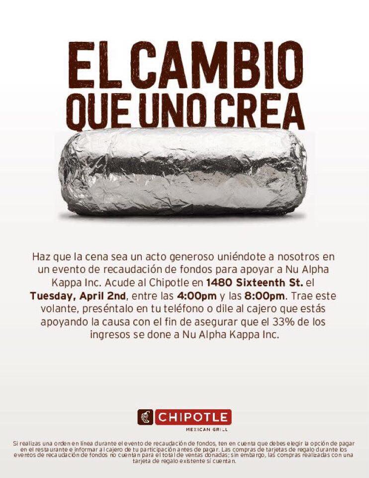 AlphaGammaNAK's tweet photo. Join us this Tuesday at the Chipotle on 16th Street in Denver! All funds help us fund our upcoming children’s carnival! #CauseAnEffect https://t.co/KpGooFZbsO