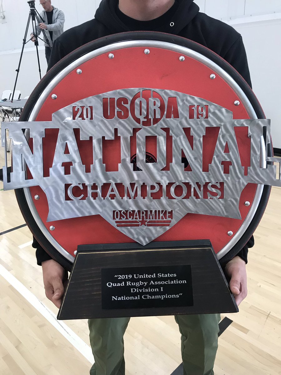 JoeDelagrave's tweet photo. Tough weekend for my team @usqra #nationalchampionships. We lost all our games, but fortunate to win best in class. The championship trophy @uofaadaptiveathletics won is pretty awesome with #signaturered @vescowheelchairs spoke guard on it! https://t.co/YhpDaeS1uS