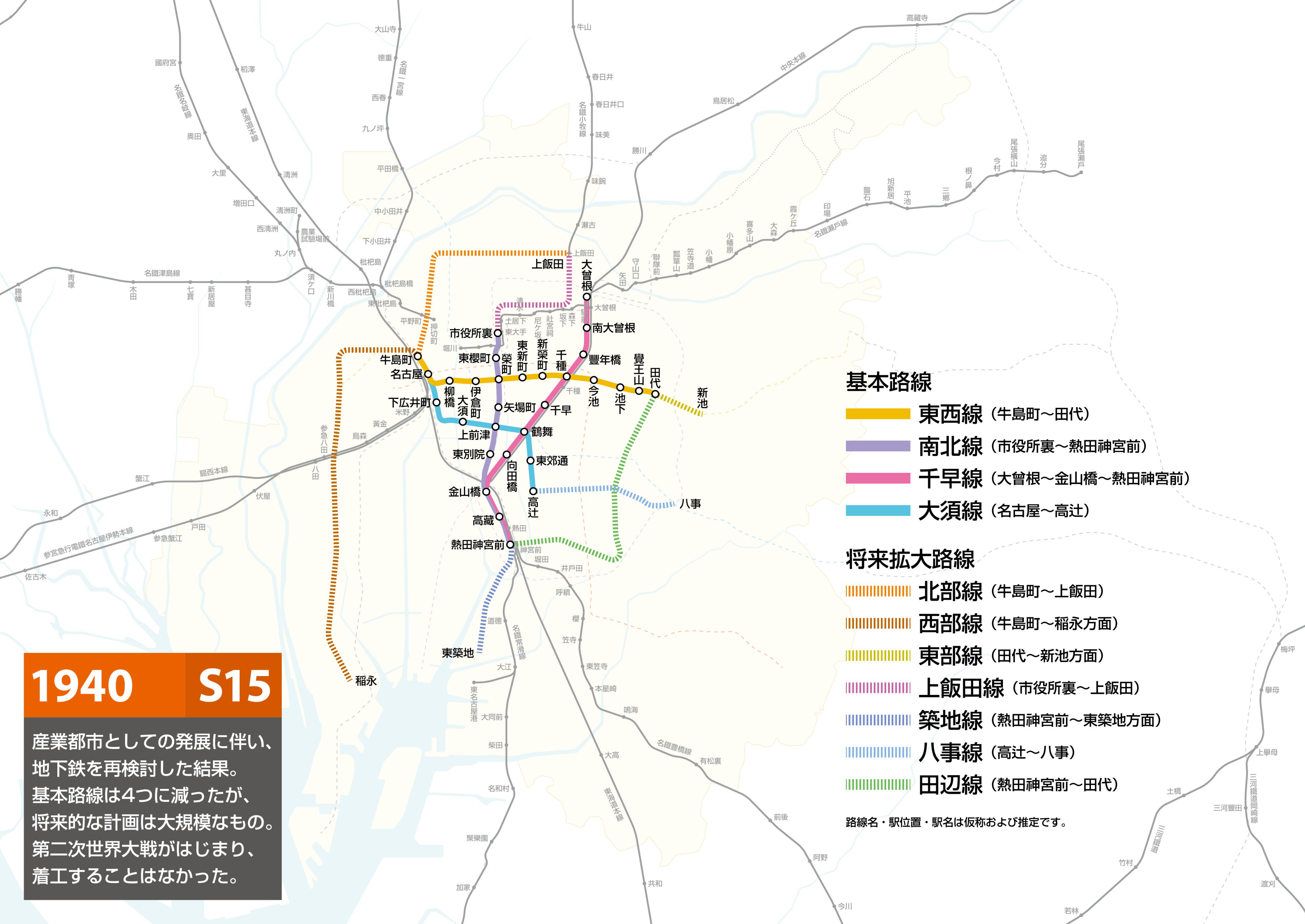 カオストレイン 名古屋の地下鉄の歴史 東山線開業前 1947 昭和22 年の計画図 名駅では高架線で国鉄へ乗り入れ 今の東海道線ホーム辺り その北側で名鉄に直通するという構想 全線のうち 地下区間は4割程度の想定だったようです 6割は高架線